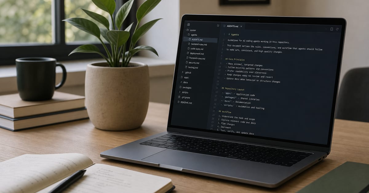 IDE on a laptop with AGENTS.md and project rules open for brand-consistent AI coding
