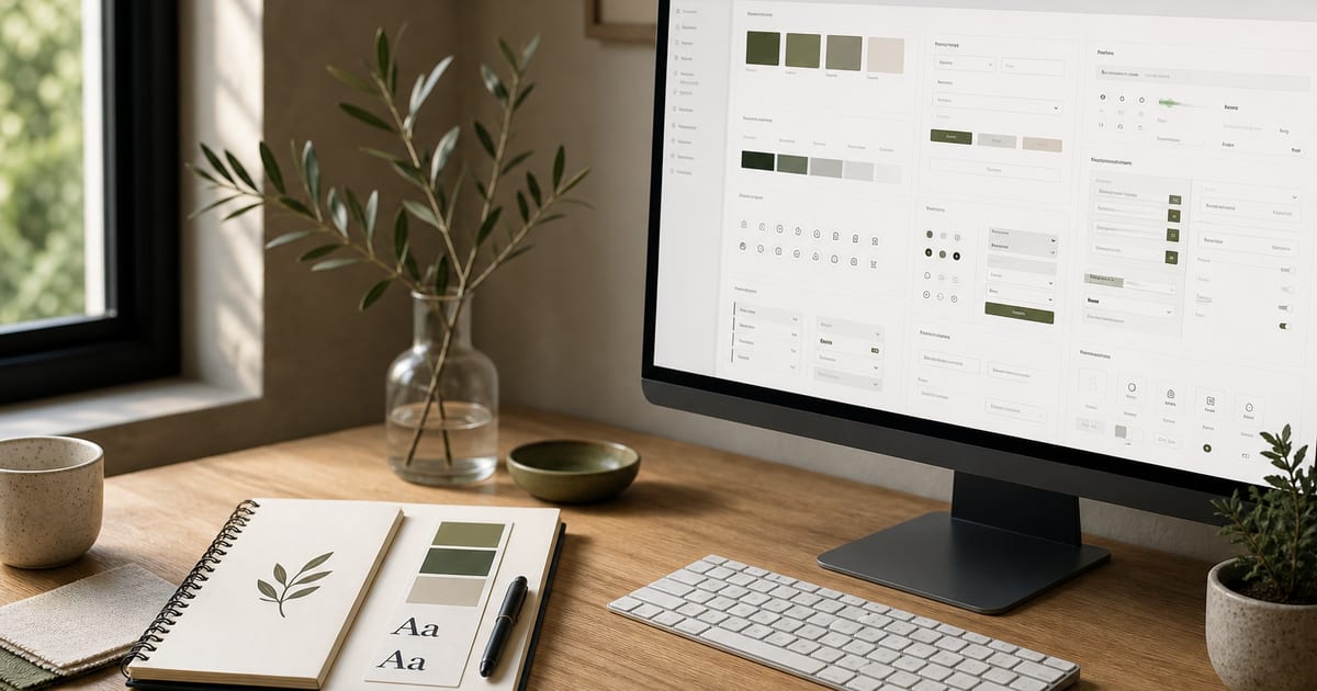Brand kit materials on a desk beside a monitor showing a fuller component design system